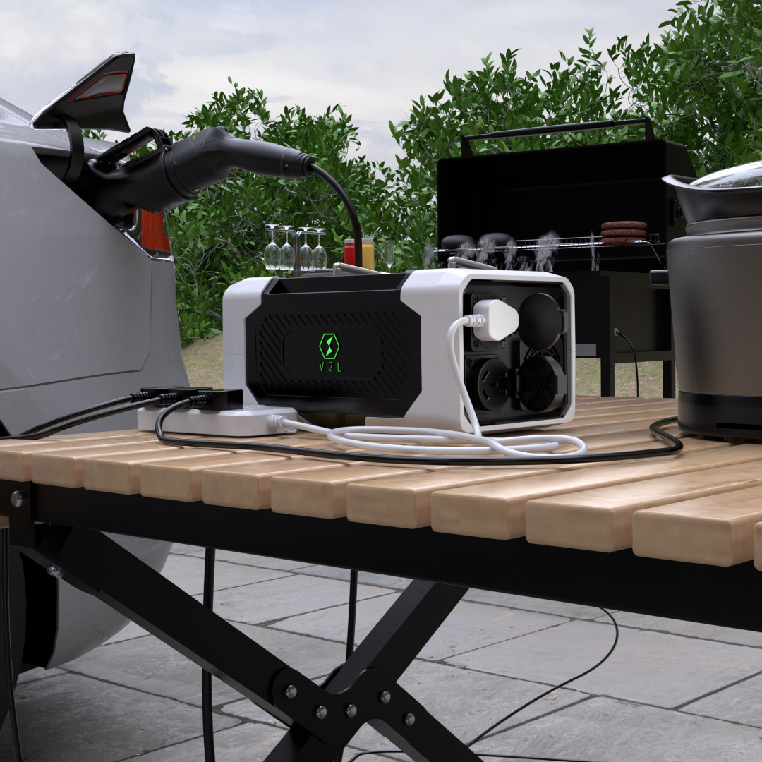 電動車 V2L (Vehicle-to-Load) 戶外露營應用，接駁放電槍為燒烤爐、電鍋及電子設備供電。